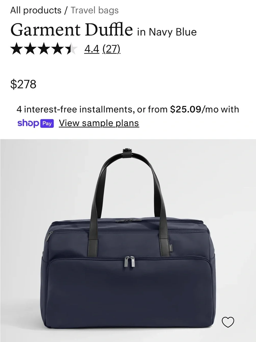 Away Navy Blue Garment Duffle with Black Handles and packing cubes